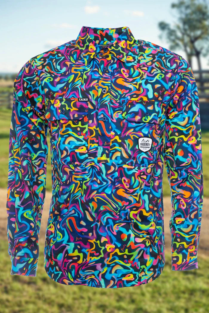 Mens Pearler Half Button Long Sleeve Full Print Workshirt