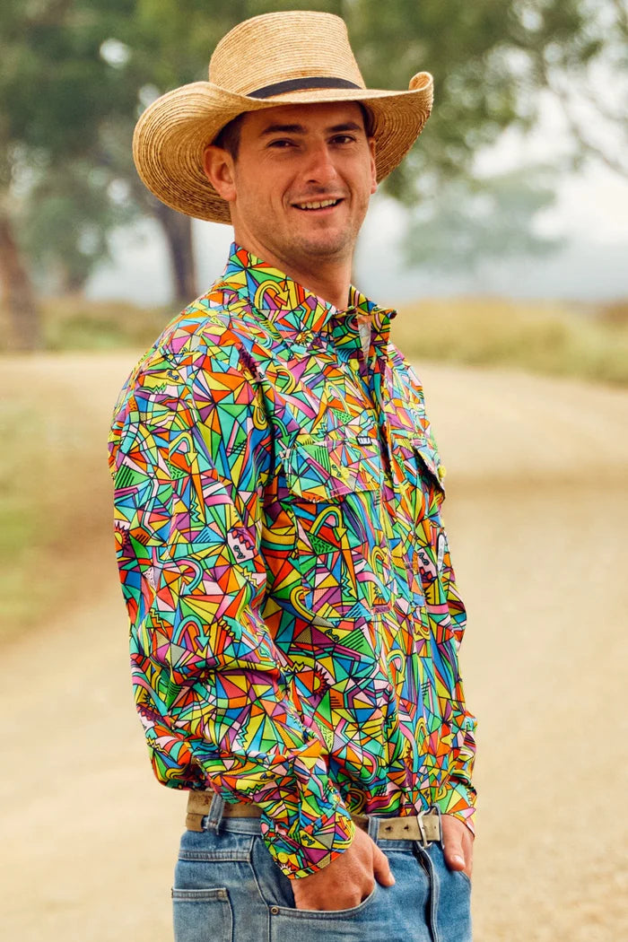 Mens Bonza Long Sleeve Full Print Half Button Workshirt