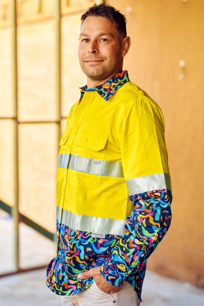 Mens Pearler Yellow Day/Night Hi Vis Full Button Workshirt