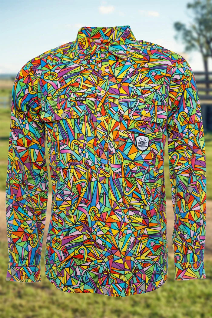 Mens Bonza Long Sleeve Full Print Half Button Workshirt