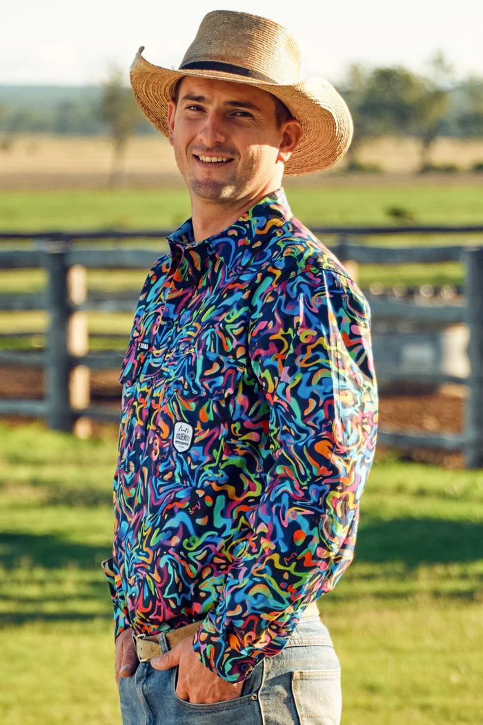 Mens Pearler Half Button Long Sleeve Full Print Workshirt