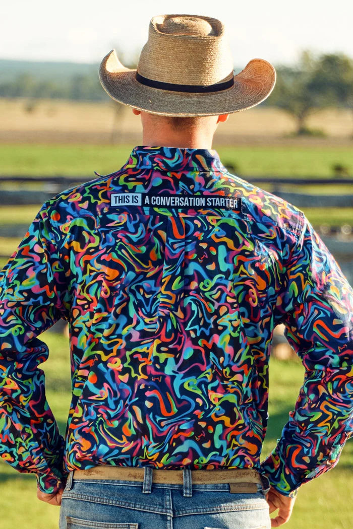 Mens Pearler Half Button Long Sleeve Full Print Workshirt