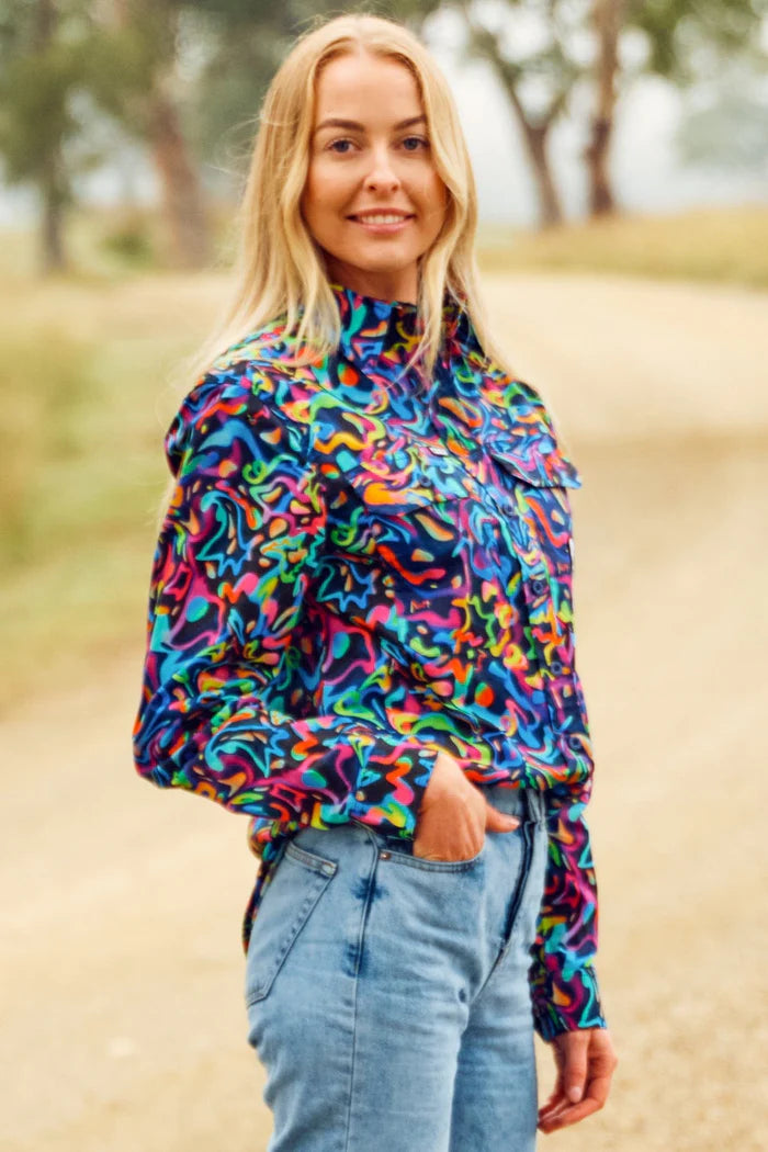 Womens Pearler Full Button Long Sleeve Full Print Workshirt